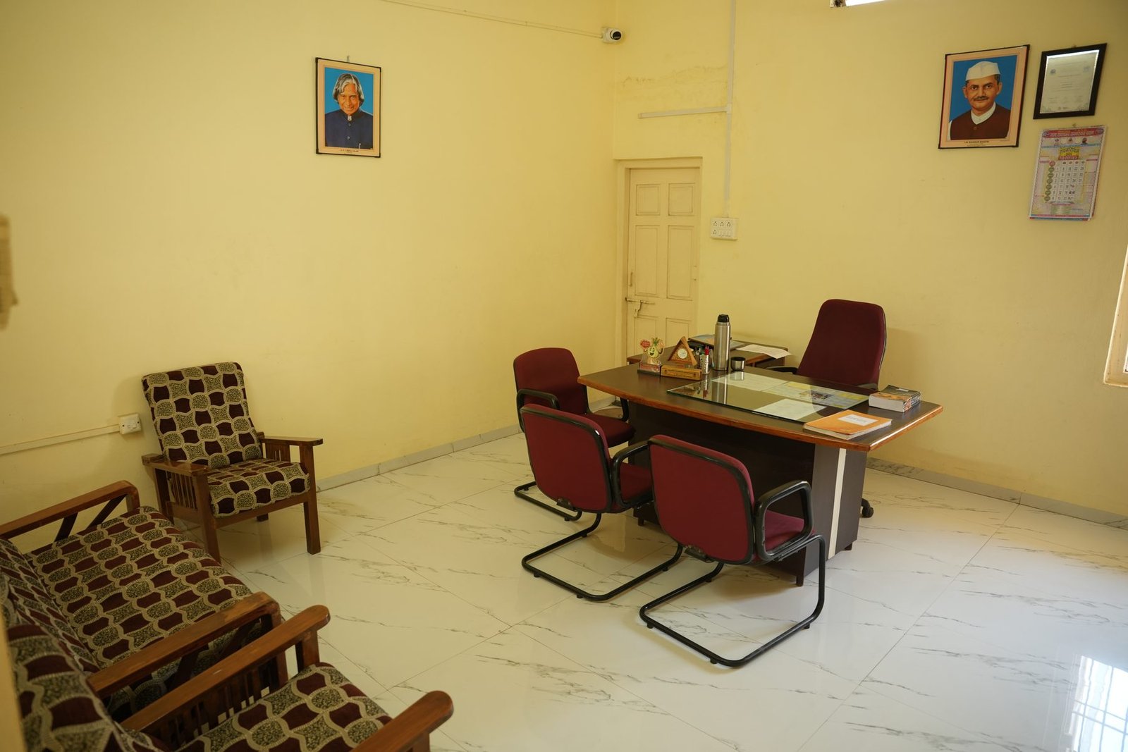 College classroom with wooden desks