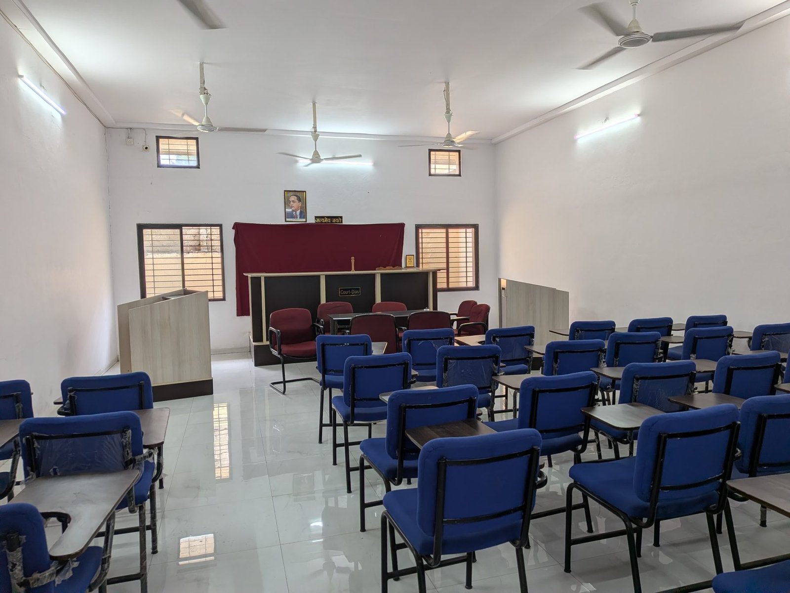 College classroom with rows of chairs