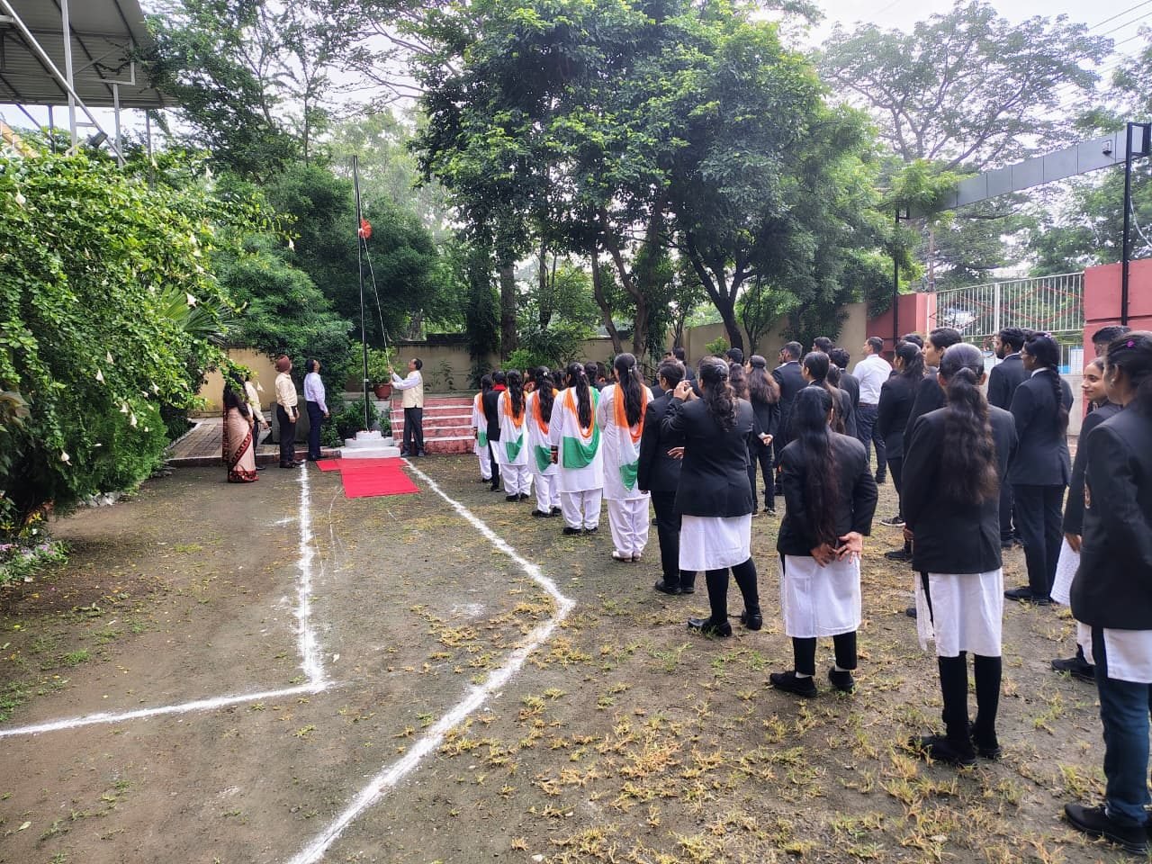 Students assembled on the college sports ground